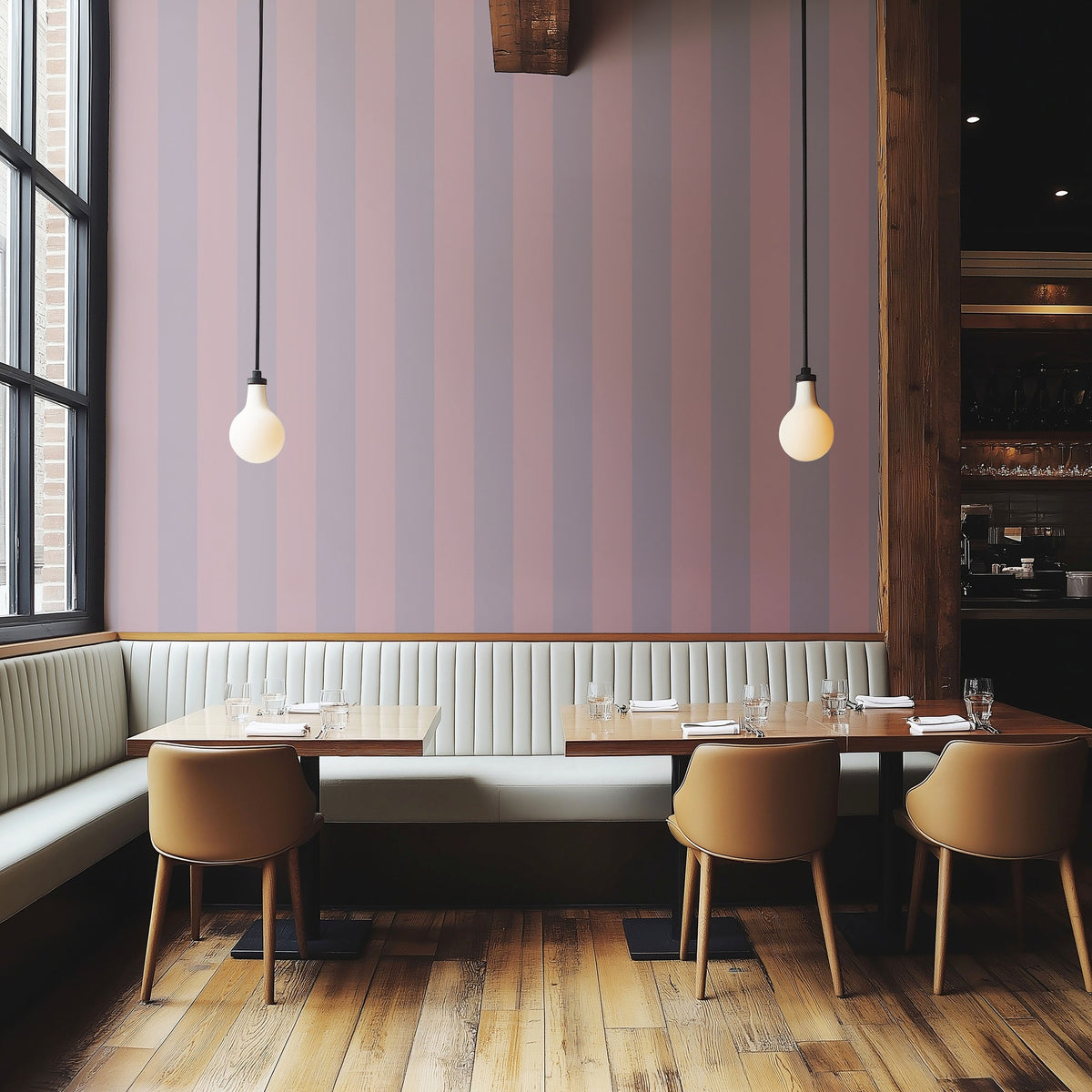 Dusty Lilac & Mauve Rose – Wide Stripe Wallpaper styled in a boutique hotel and hospitality space