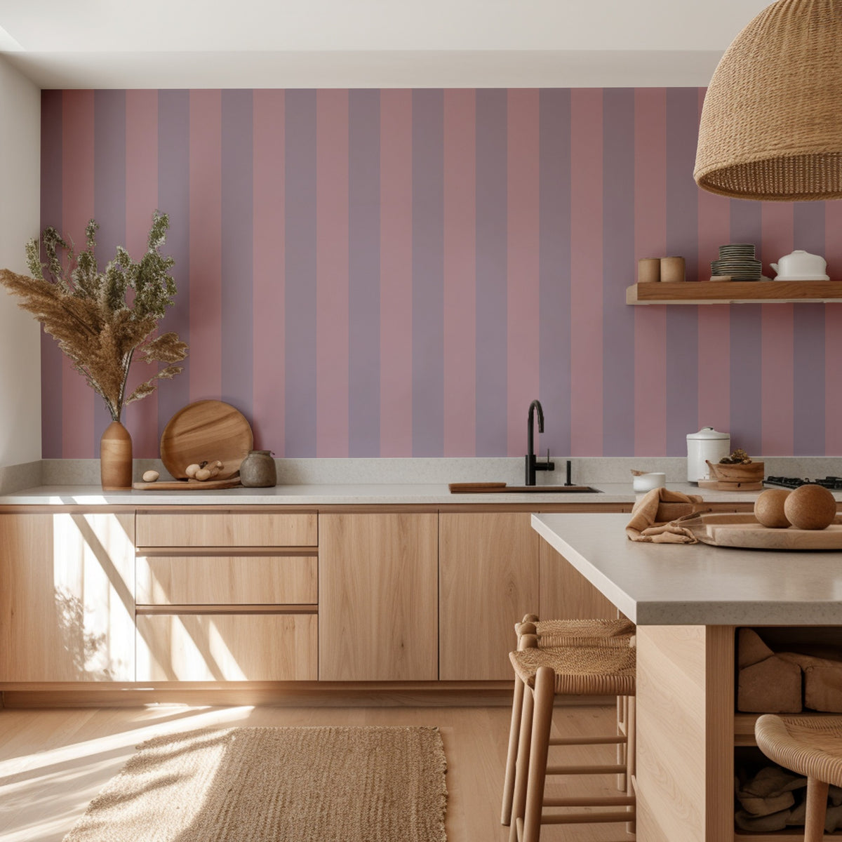 Dusty Lilac & Mauve Rose – Wide Stripe Wallpaper styled in a kitchen and dining room