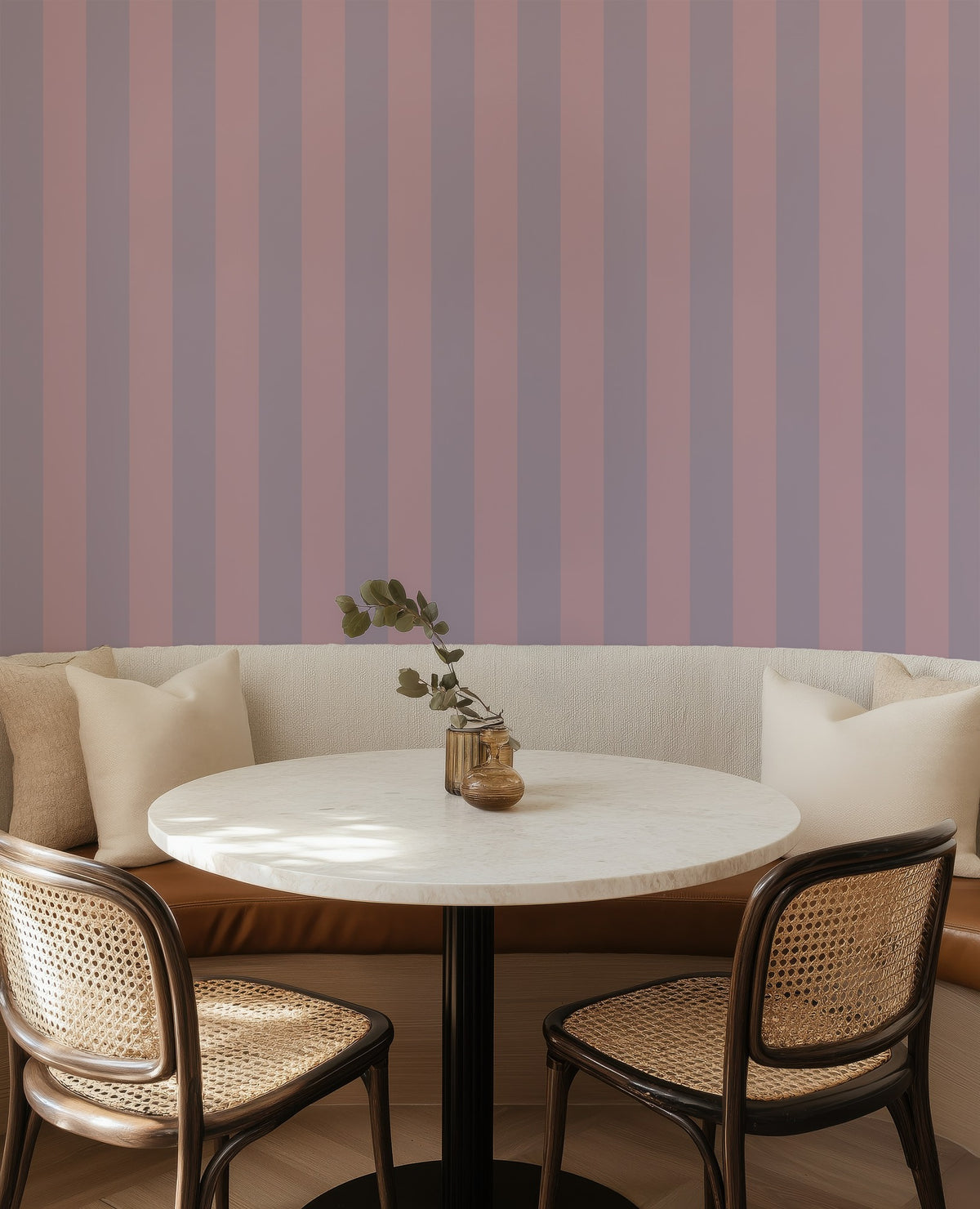 Dusty Lilac & Mauve Rose – Wide Stripe Wallpaper styled in a kitchen and dining room