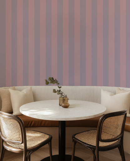 Dusty Lilac & Mauve Rose – Wide Stripe Wallpaper styled in a kitchen and dining room