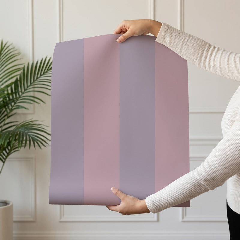 Wide Stripe Wallpaper roll in Dusty Lilac & Mauve Rose – graphic, wide stripes on a mauve rose ground