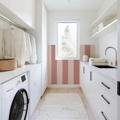 Dusty Rose & Apricot Blush – Wide Stripe Wallpaper styled in a bathroom