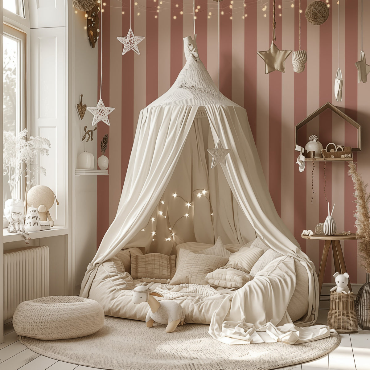 Dusty Rose & Apricot Blush – Wide Stripe Wallpaper styled in a kids' room and nursery
