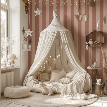 Dusty Rose & Apricot Blush – Wide Stripe Wallpaper styled in a kids' room and nursery