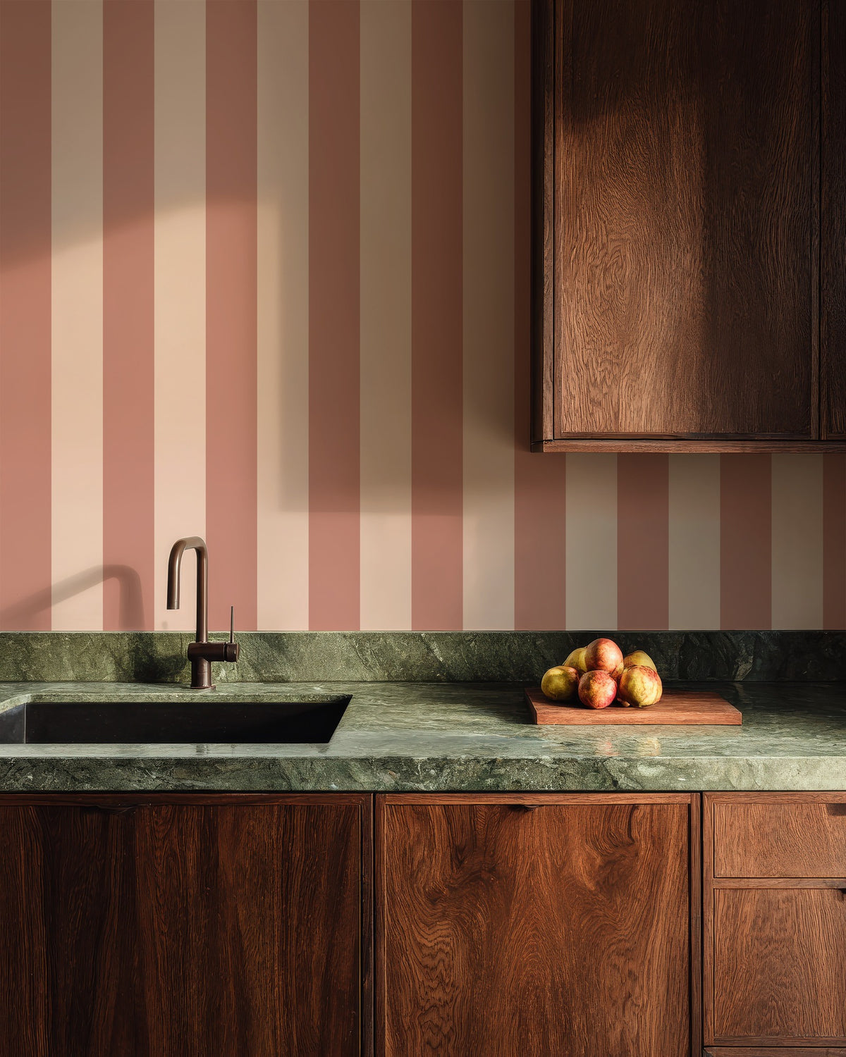 Dusty Rose & Apricot Blush – Wide Stripe Wallpaper styled in a kitchen and dining room
