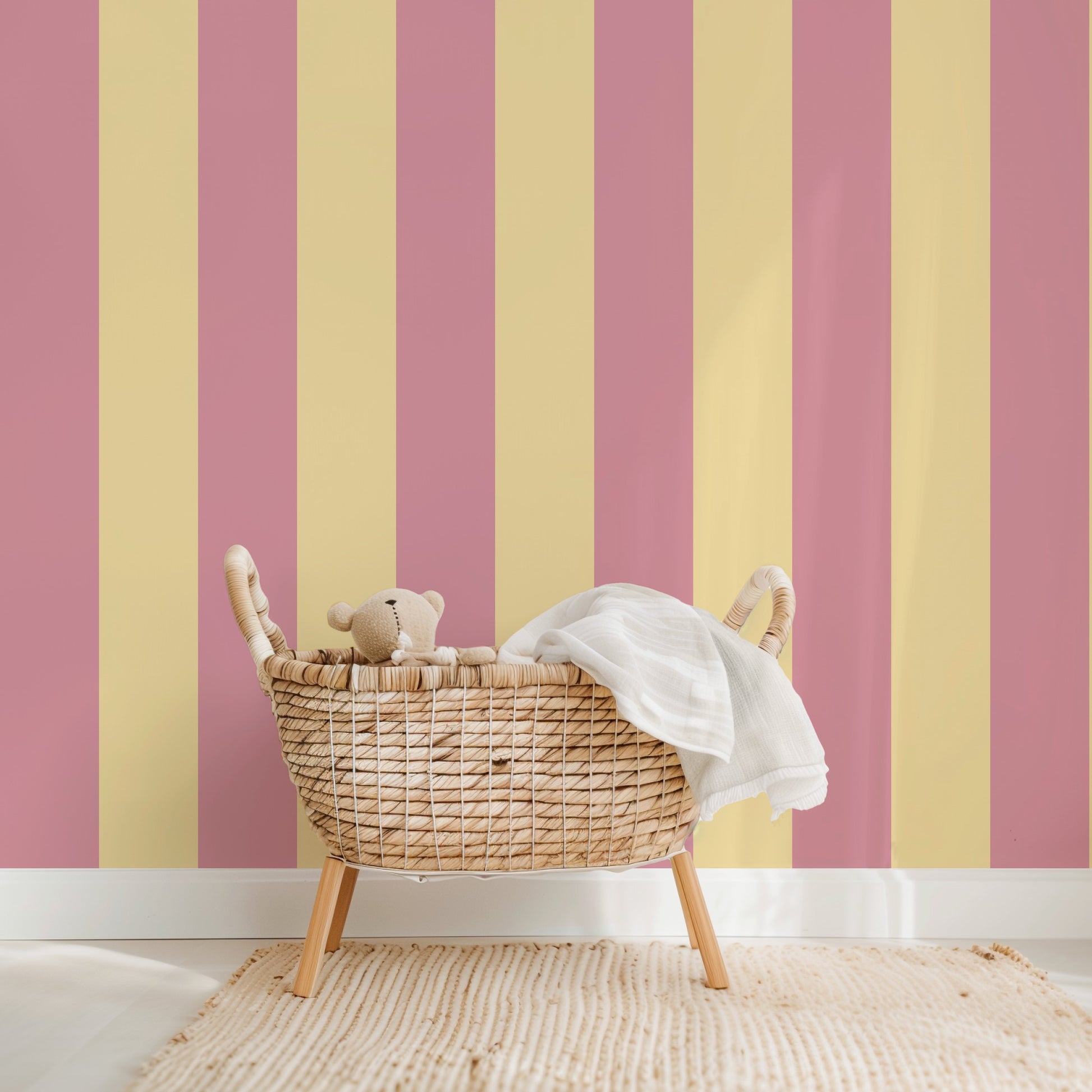 Wide Stripe Wallpaper – Dusty Rose & Buttercream styled in a kids' room and nursery