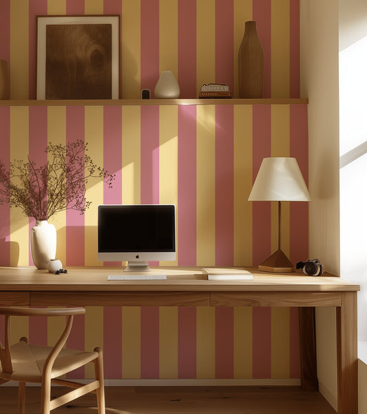 Wide Stripe Wallpaper – Dusty Rose & Buttercream styled in a hallway and home office