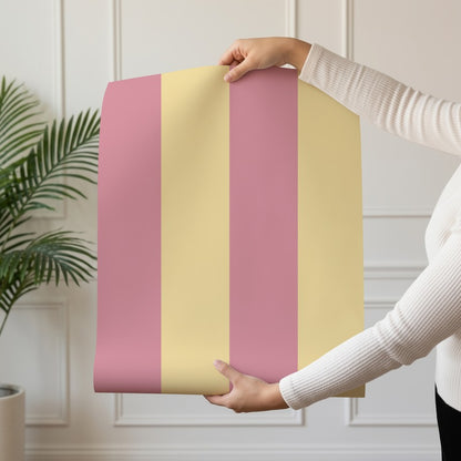 Wide Stripe Wallpaper roll in Dusty Rose & Buttercream – graphic, wide stripes on a buttercream ground