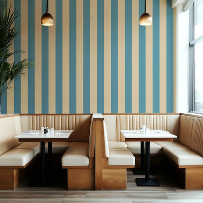 Wide Stripe Wallpaper – Dutch Blue & Warm Sand styled in a boutique hotel and hospitality space