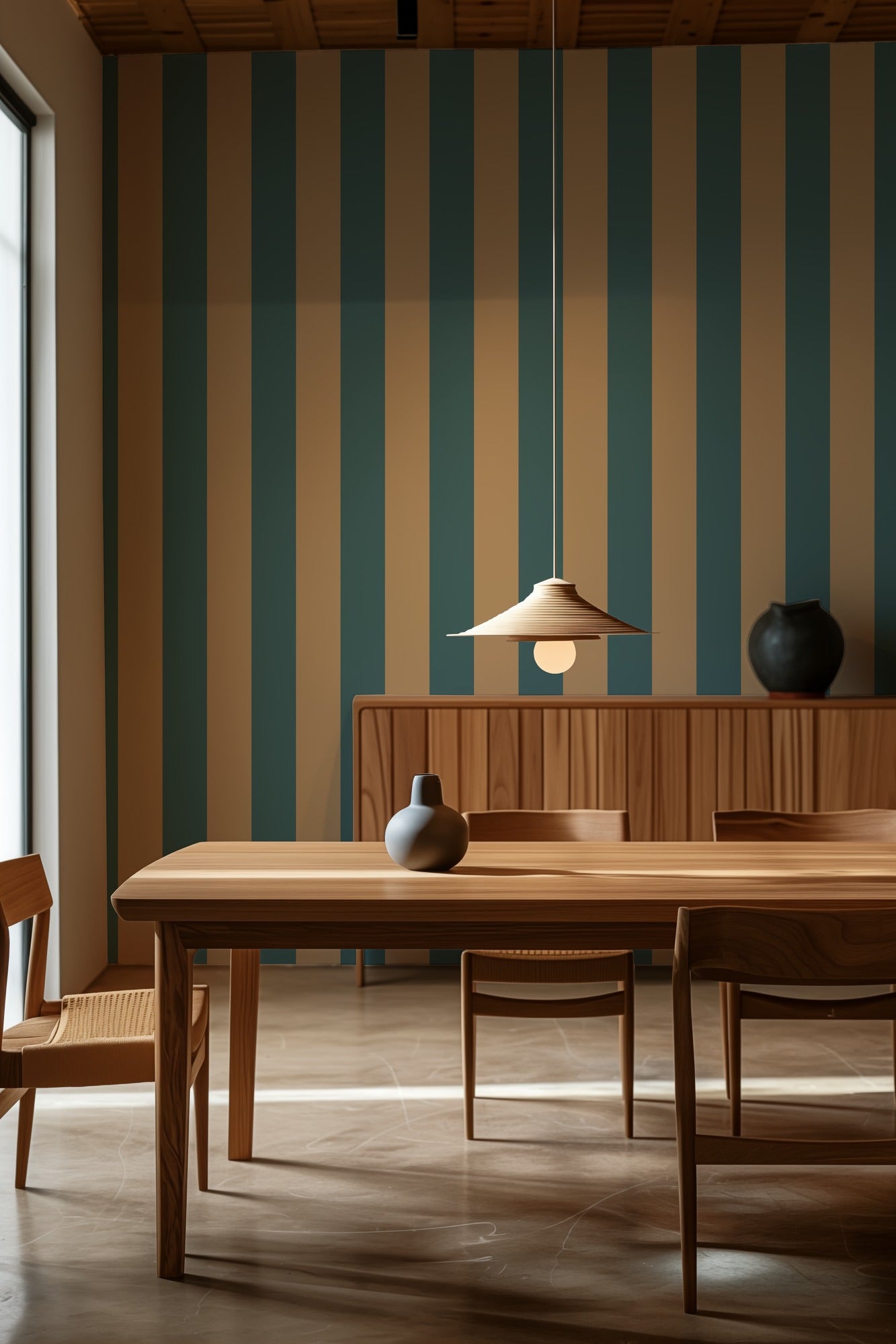 Wide Stripe Wallpaper – Dutch Blue & Warm Sand styled in a kitchen and dining