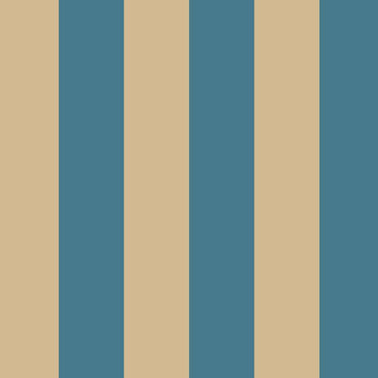 Wide Stripe Wallpaper in Dutch Blue & Warm Sand – graphic, wide stripes on a warm sand ground