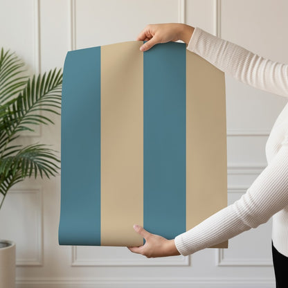 Wide Stripe Wallpaper roll in Dutch Blue & Warm Sand – graphic, wide stripes on a warm sand ground