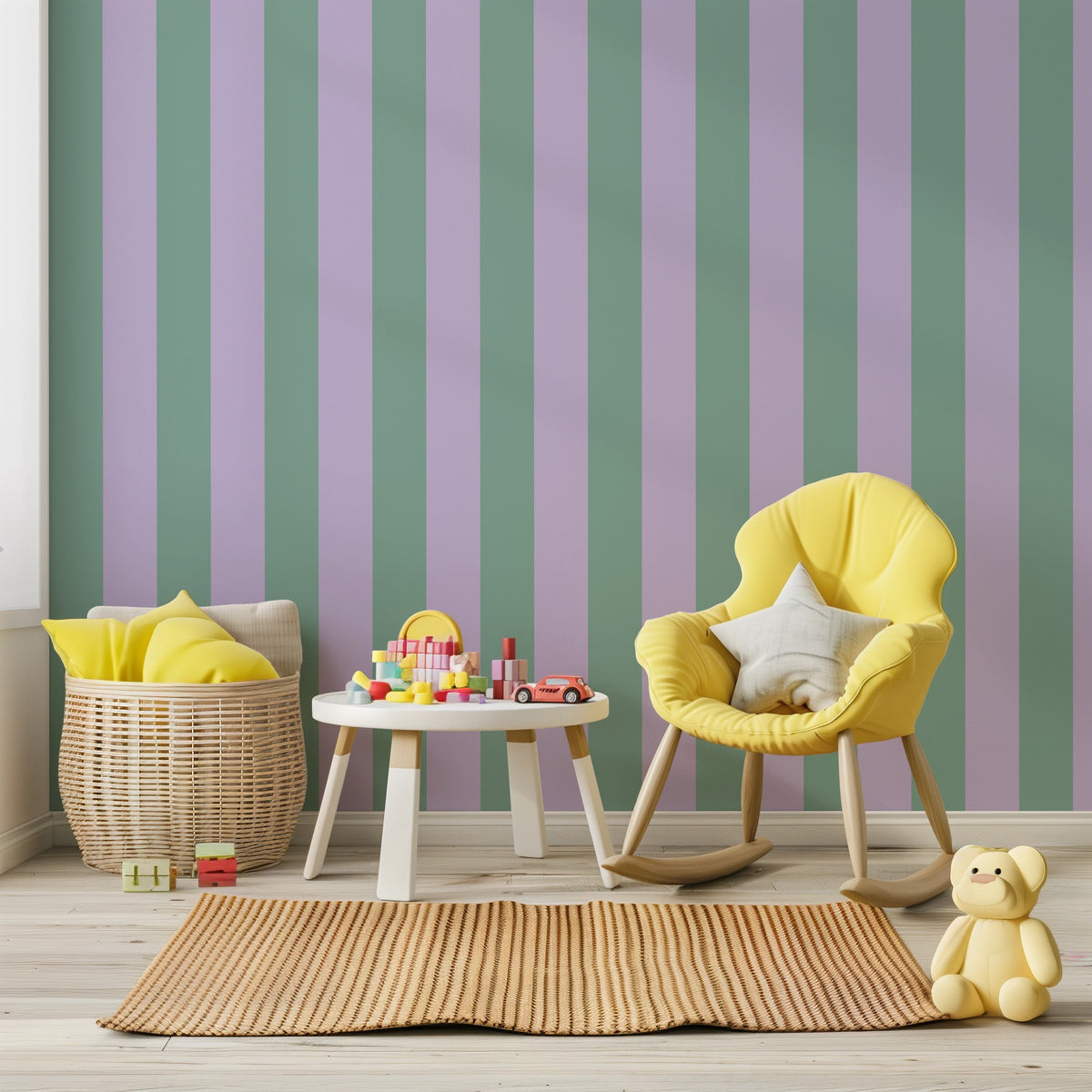 Wide Stripe Wallpaper – Eucalyptus & Soft Lilac styled in a kids' room and nursery