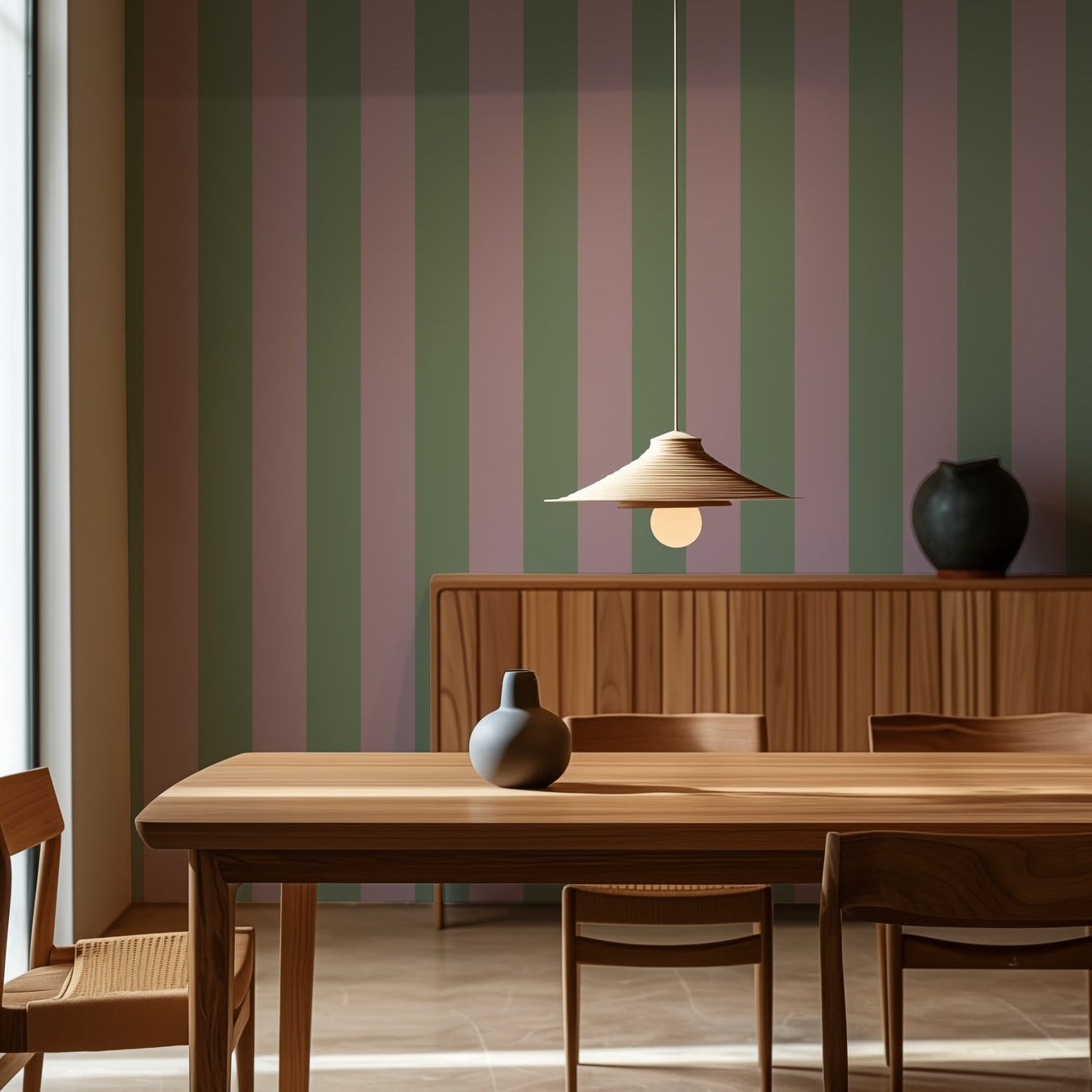 Wide Stripe Wallpaper – Eucalyptus & Soft Lilac styled in a kitchen and dining