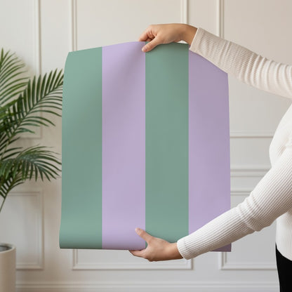 Wide Stripe Wallpaper roll in Eucalyptus & Soft Lilac – graphic, wide stripes on a soft lilac ground
