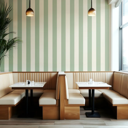 Wide Stripe Wallpaper – Gentle Sage & Warm Ivory styled in a boutique hotel and hospitality space