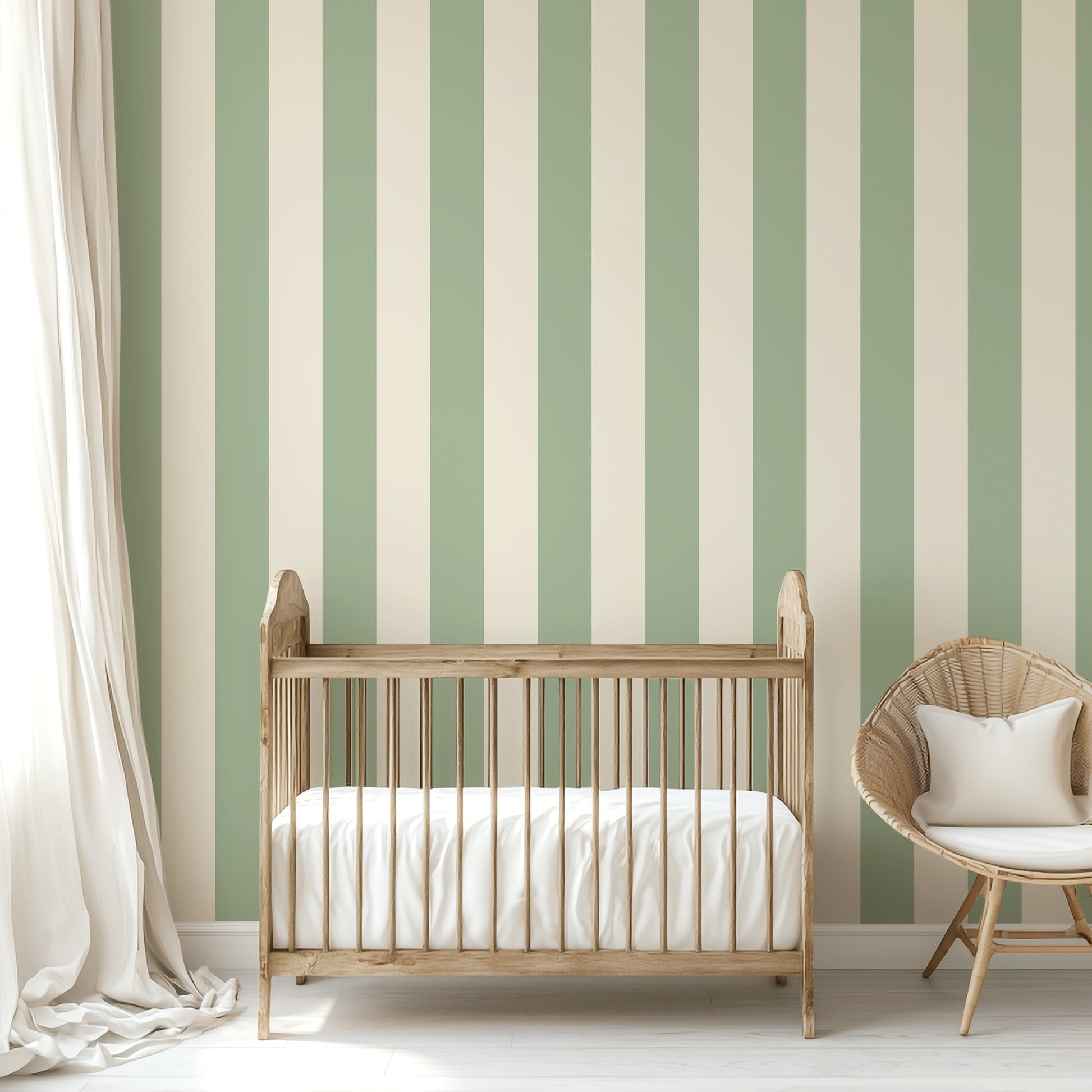 Wide Stripe Wallpaper – Gentle Sage & Warm Ivory styled in a kids' room and nursery