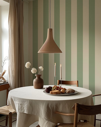 Wide Stripe Wallpaper – Gentle Sage & Warm Ivory styled in a kitchen and dining