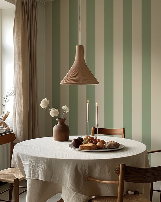 Wide Stripe Wallpaper – Gentle Sage & Warm Ivory styled in a kitchen and dining