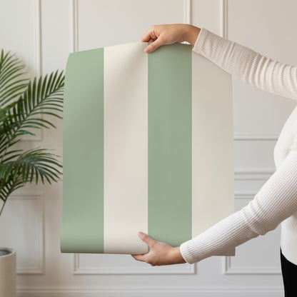 Wide Stripe Wallpaper roll in Gentle Sage & Warm Ivory – graphic, wide stripes on a warm ivory ground