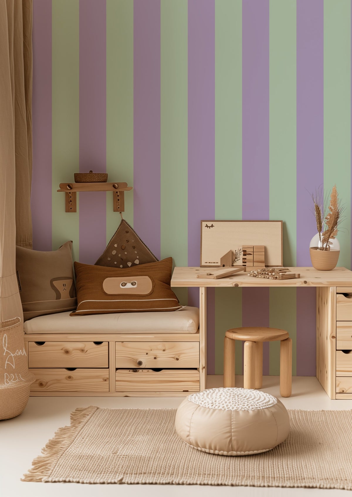 Wide Stripe Wallpaper – Lavender Mist & Mint styled in a kids' room and nursery