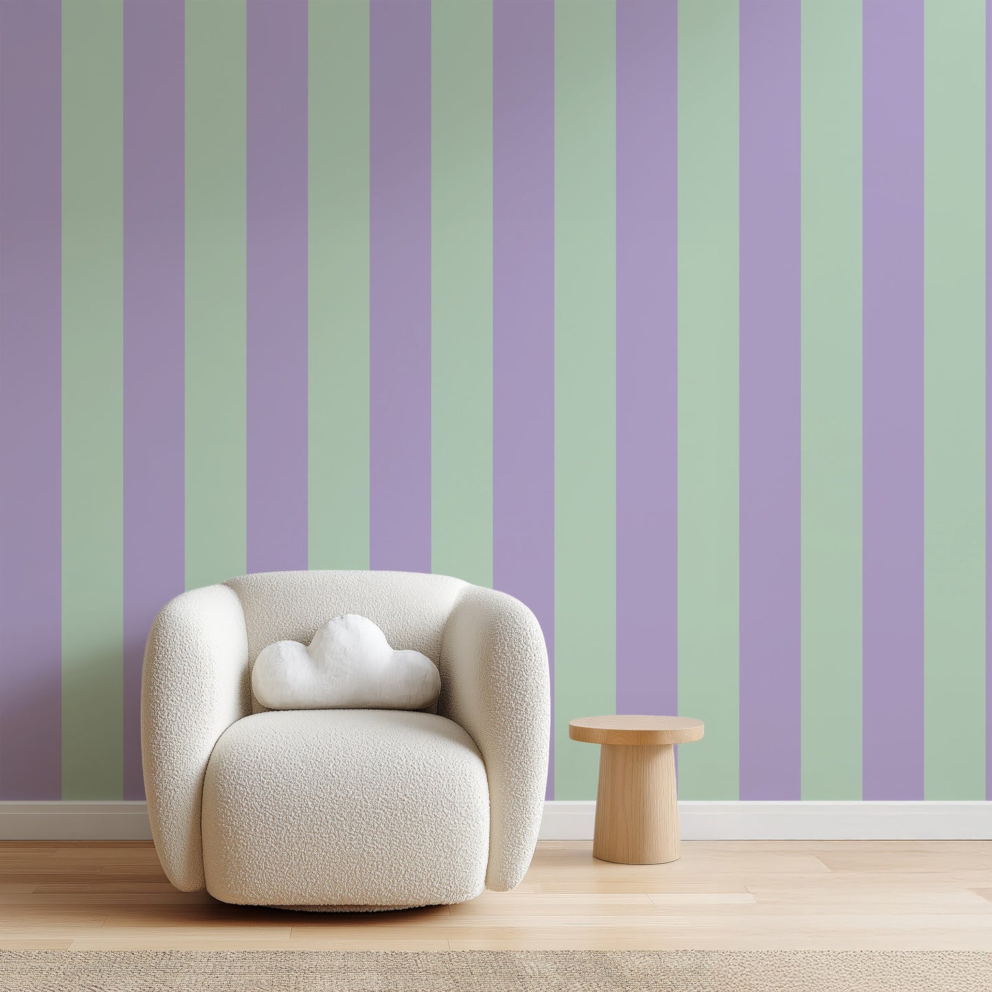 Wide Stripe Wallpaper – Lavender Mist & Mint styled in a hallway and home office
