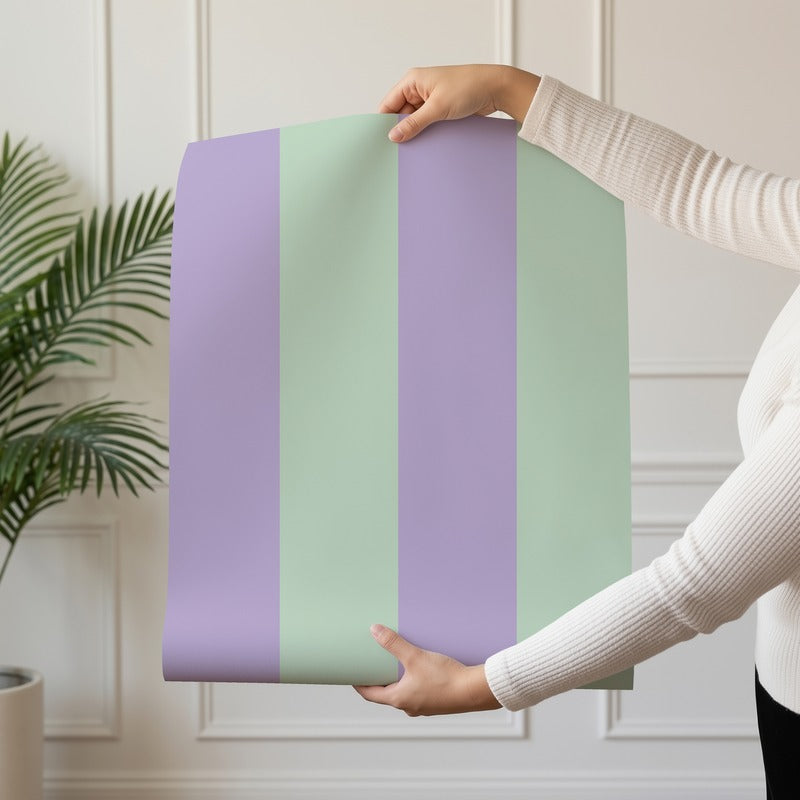 Wide Stripe Wallpaper roll in Lavender Mist & Mint – graphic, wide stripes on a mint ground