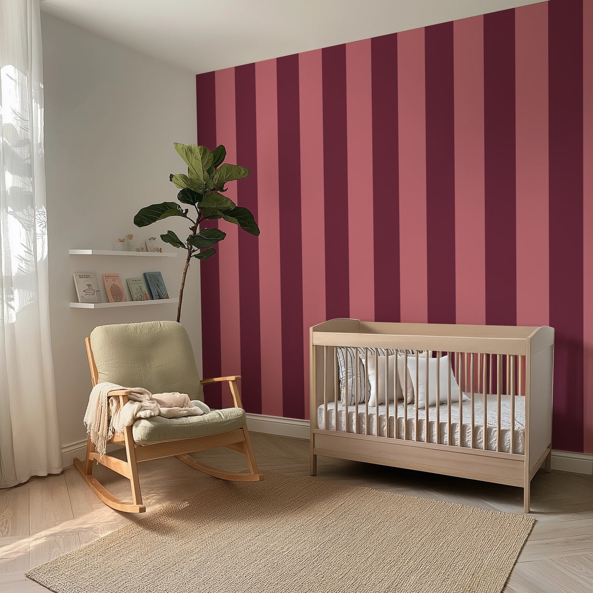 Merlot & Blush – Wide Stripe Wallpaper styled in a kids' room and nursery