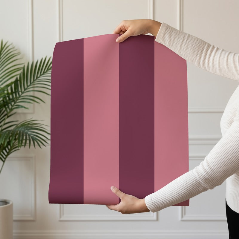 Wide Stripe Wallpaper roll in Merlot & Blush – graphic, wide stripes on a blush ground