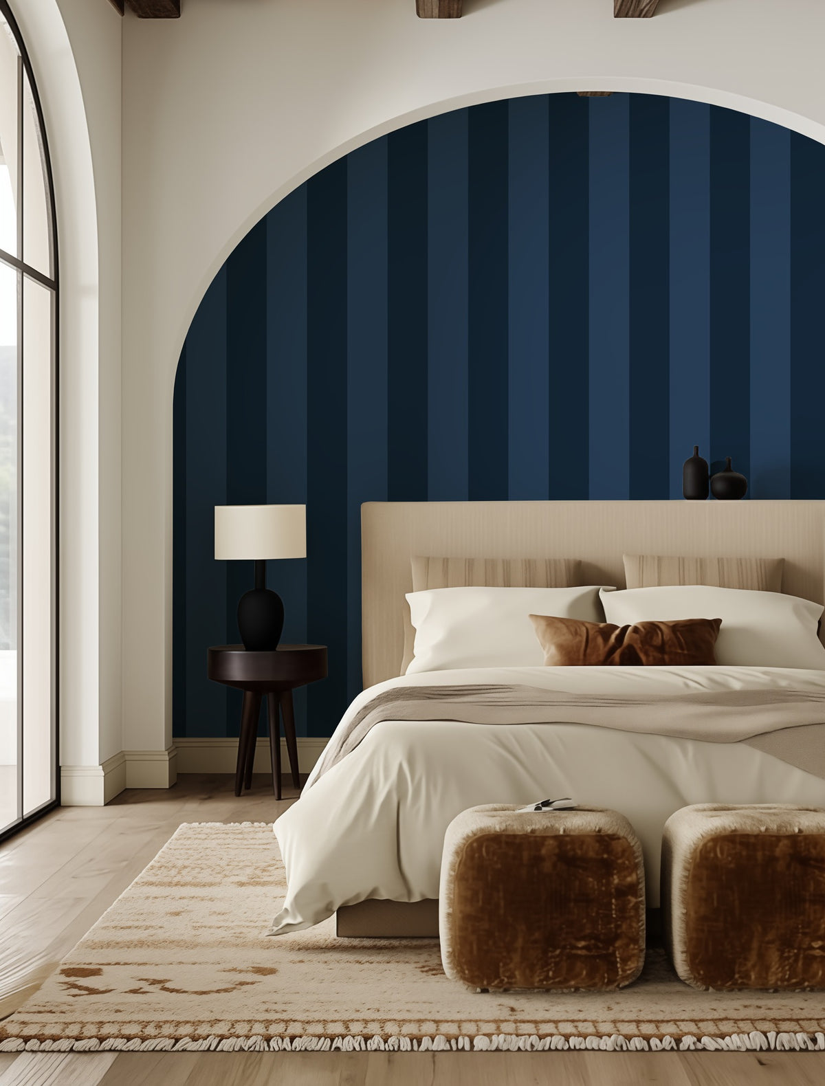 Midnight Navy & Indigo – Wide Stripe Wallpaper styled in a bedroom