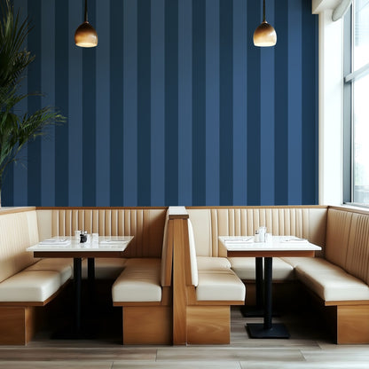 Midnight Navy & Indigo – Wide Stripe Wallpaper styled in a boutique hotel and hospitality space