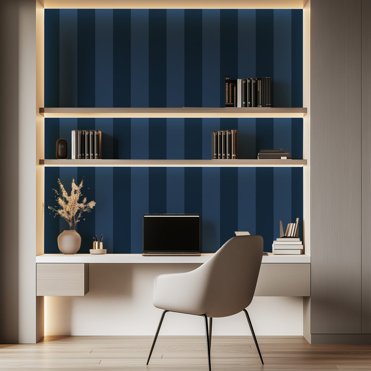 Midnight Navy & Indigo – Wide Stripe Wallpaper styled in a hallway and home office