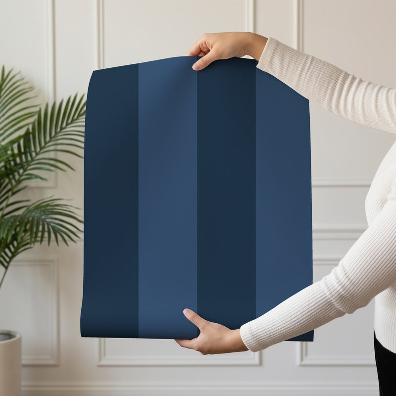 Wide Stripe Wallpaper roll in Midnight Navy & Indigo – graphic, wide stripes on an indigo ground