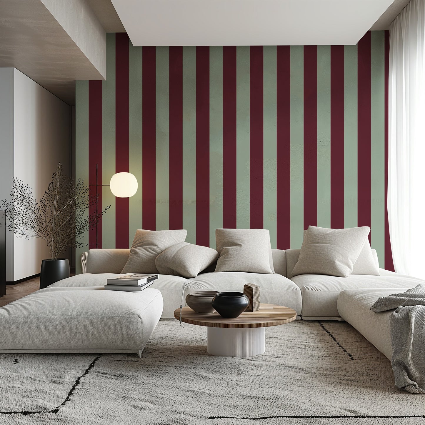 Wide Stripe Wallpaper – Mineral Mint & Oxblood styled in a living room