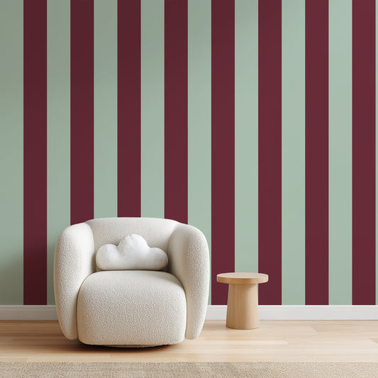 Wide Stripe Wallpaper – Mineral Mint & Oxblood styled in a hallway and home office
