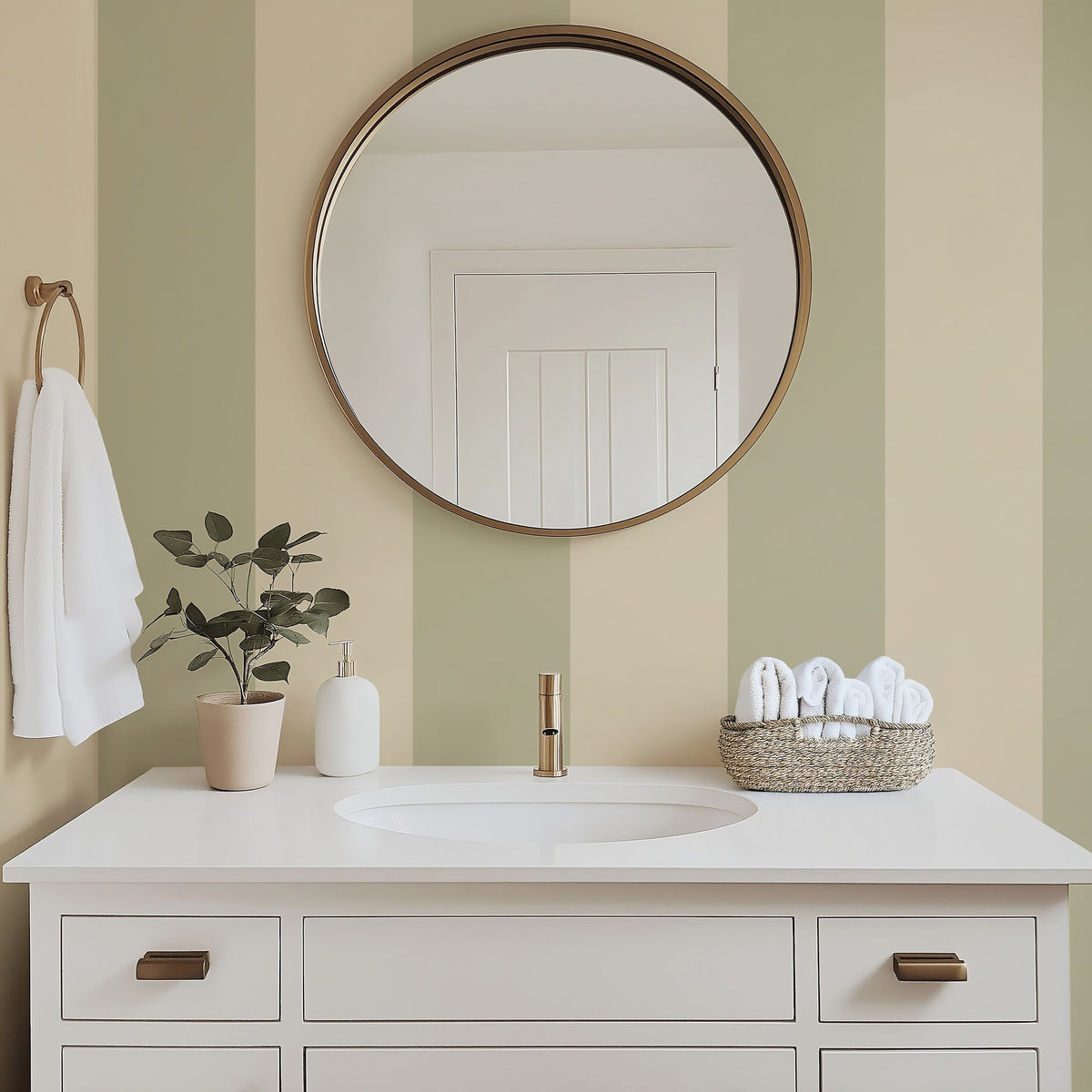 Olive & Warm Sand – Wide Stripe Wallpaper styled in a bathroom
