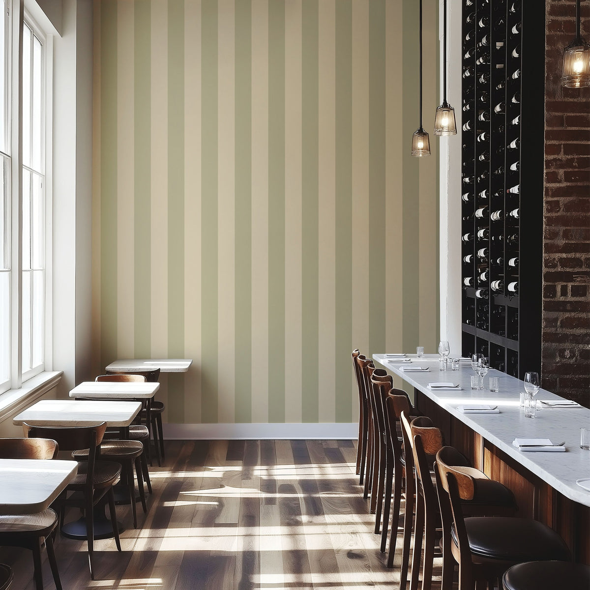 Olive & Warm Sand – Wide Stripe Wallpaper styled in a boutique hotel and hospitality space