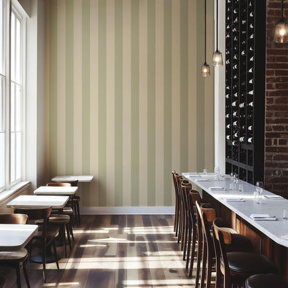 Olive & Warm Sand – Wide Stripe Wallpaper styled in a boutique hotel and hospitality space