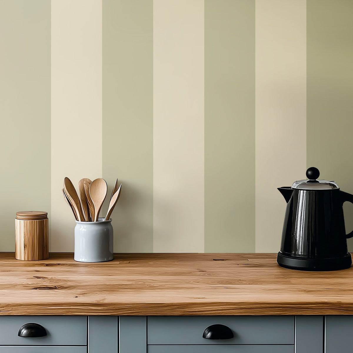 Olive & Warm Sand – Wide Stripe Wallpaper styled in a kitchen and dining room