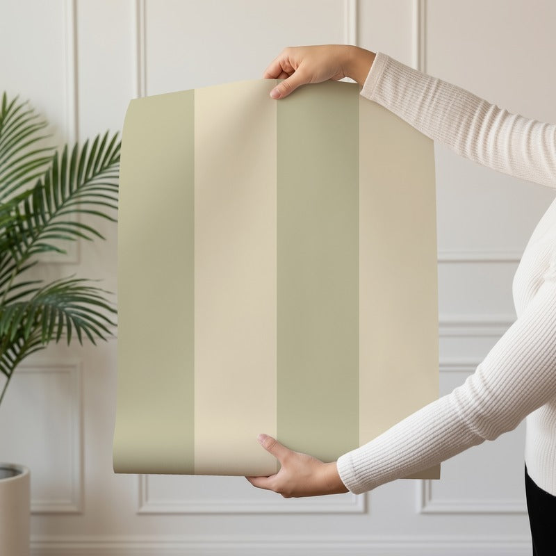 Wide Stripe Wallpaper roll in Olive & Warm Sand – graphic, wide stripes on a warm sand ground