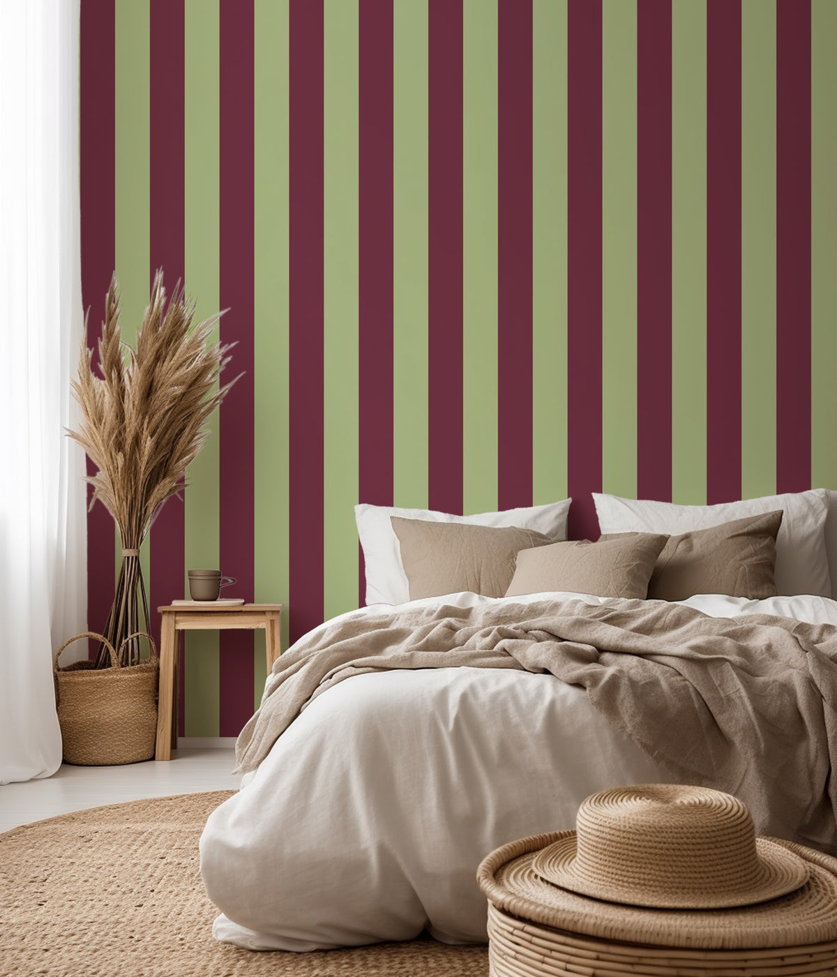 Wide Stripe Wallpaper – Pistachio & Burgundy styled in a bedroom