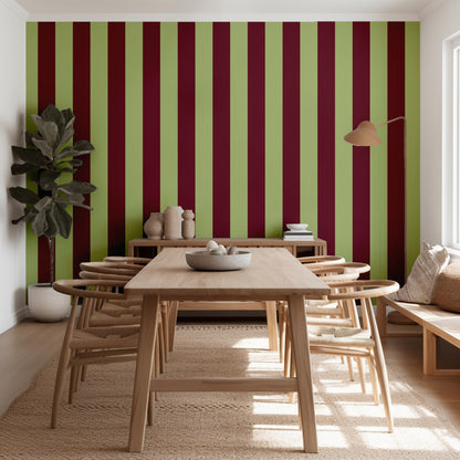 Wide Stripe Wallpaper – Pistachio & Burgundy styled in a kitchen and dining