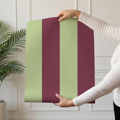 Wide Stripe Wallpaper roll in Pistachio & Burgundy – graphic, wide stripes on a burgundy ground