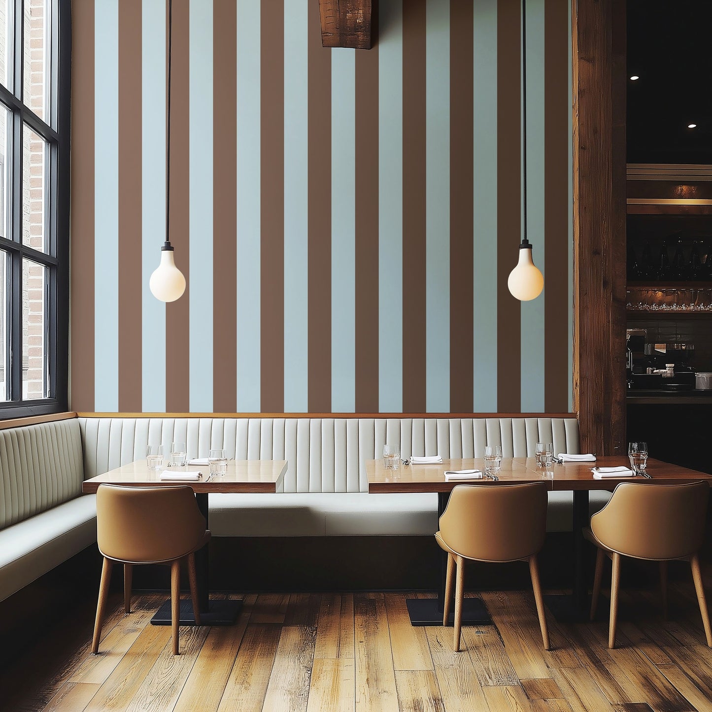 Wide Stripe Wallpaper – Powder Blue & Cocoa styled in a boutique hotel and hospitality space