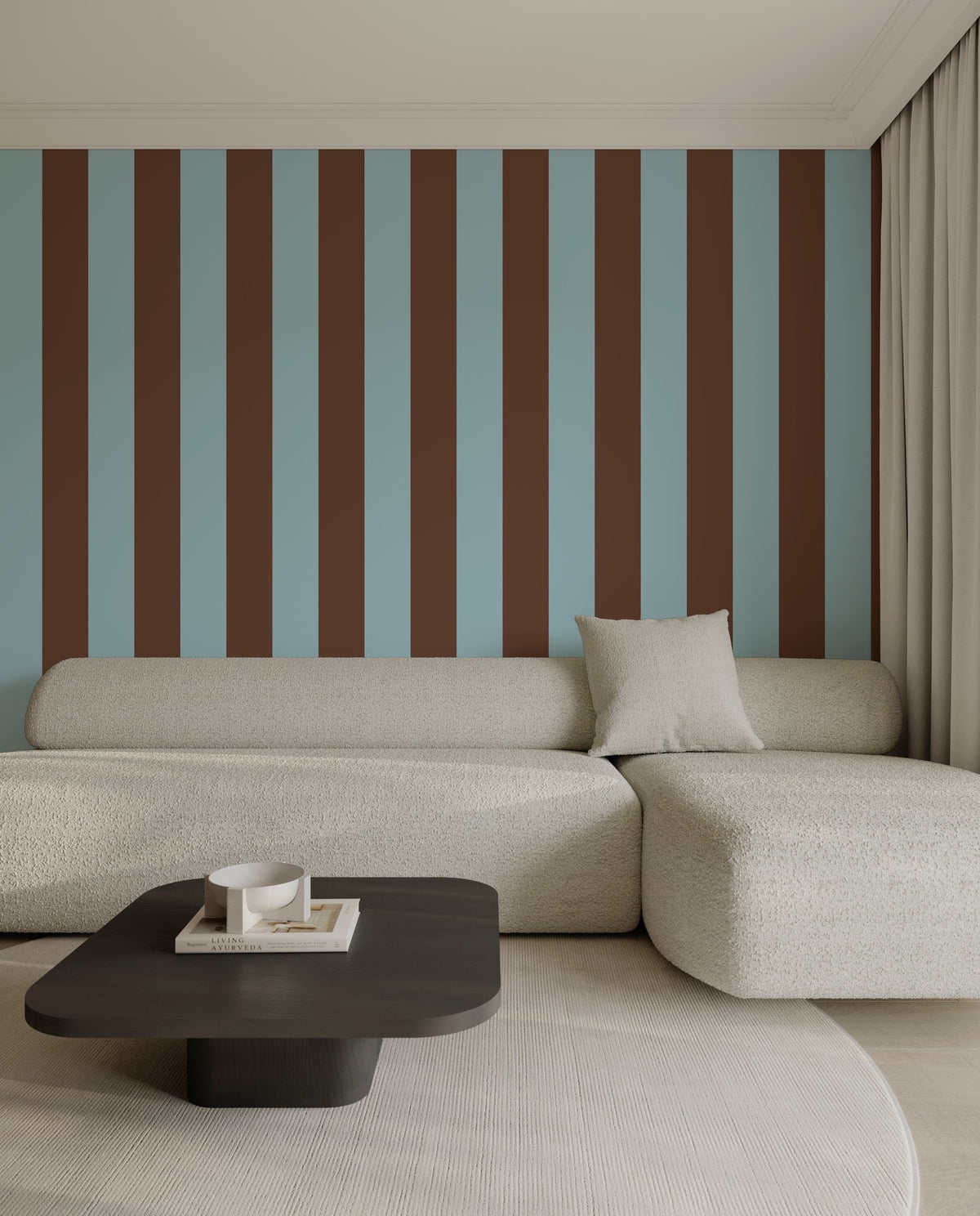 Wide Stripe Wallpaper – Powder Blue & Cocoa styled in a living room