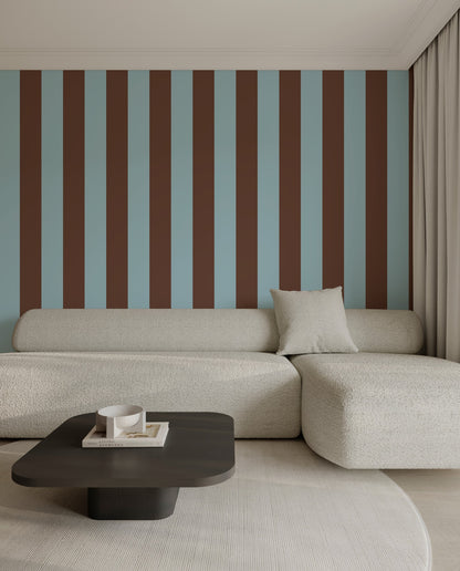 Wide Stripe Wallpaper – Powder Blue & Cocoa styled in a living room