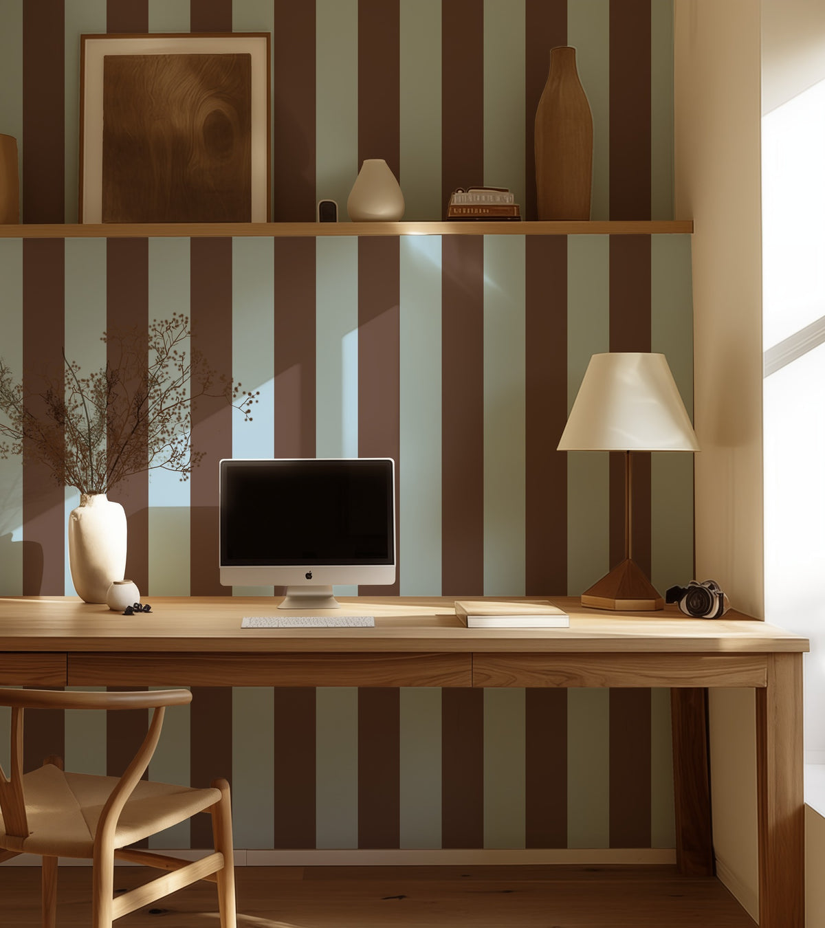 Wide Stripe Wallpaper – Powder Blue & Cocoa styled in a hallway and home office
