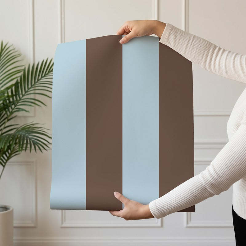 Wide Stripe Wallpaper roll in Powder Blue & Cocoa – graphic, wide stripes on a cocoa ground