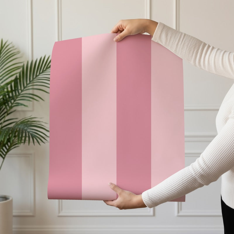 Wide Stripe Wallpaper roll in Rose Petal & Soft Blush – graphic, wide stripes on a soft blush ground