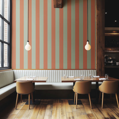 Wide Stripe Wallpaper – Sage & Baked Clay styled in a boutique hotel and hospitality space